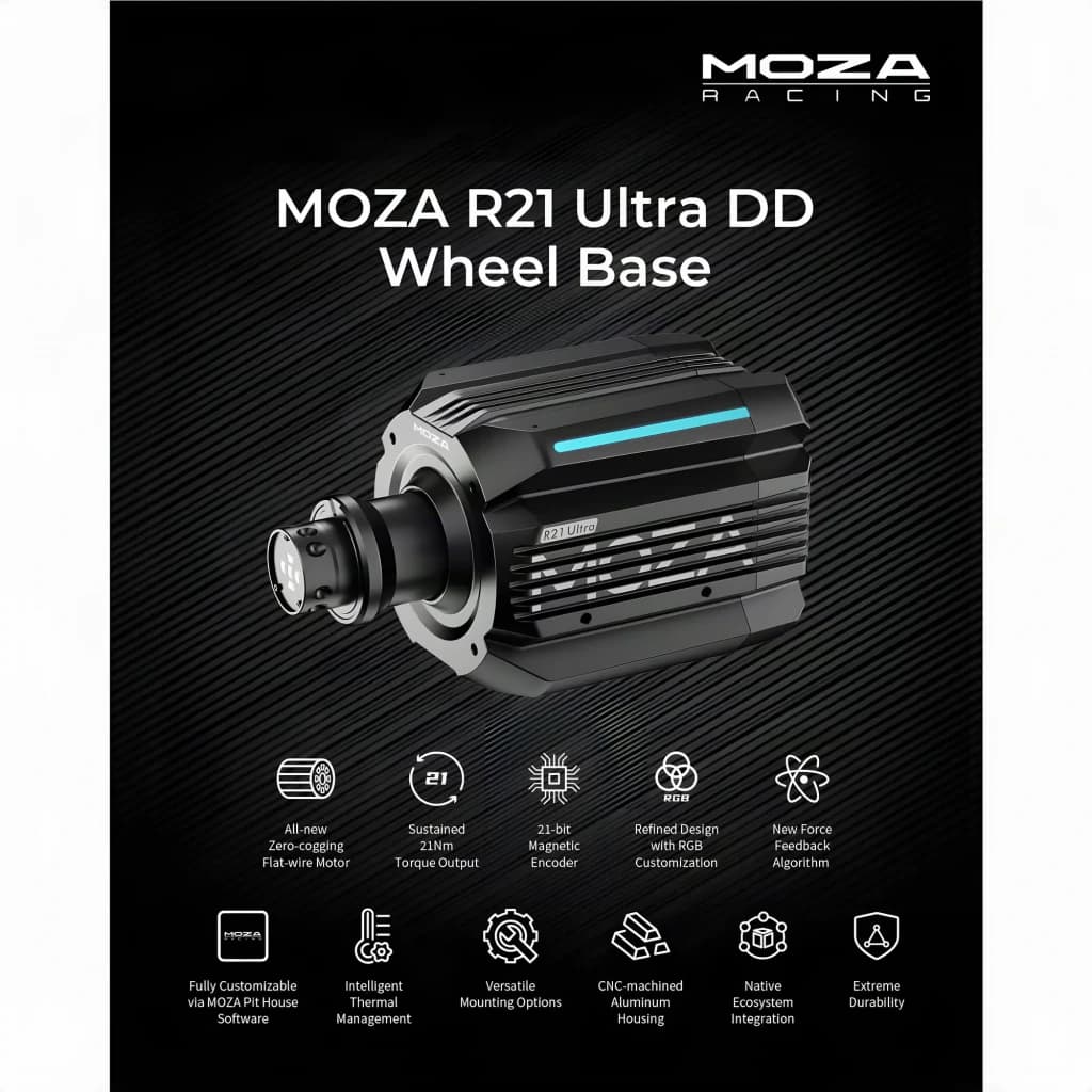 Base de Volante Moza Racing R21 Ultra Direct Drive 21Nm com corpo em alumínio preto, aletas de dissipação, iluminação RGB e montagem CNC robusta