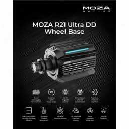 Base de Volante Moza Racing R21 Ultra Direct Drive 21Nm com corpo em alumínio preto, aletas de dissipação, iluminação RGB e montagem CNC robusta