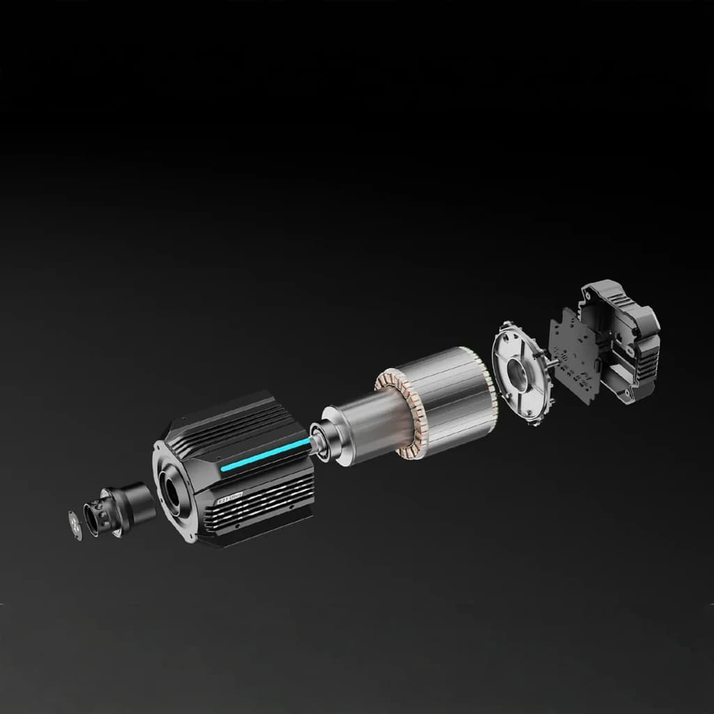 Base de Volante Moza Racing R21 Ultra Direct Drive 21Nm desmontada, mostrando carcaça preta aletada, eixo metálico, rotor, estator e placas eletrônicas em