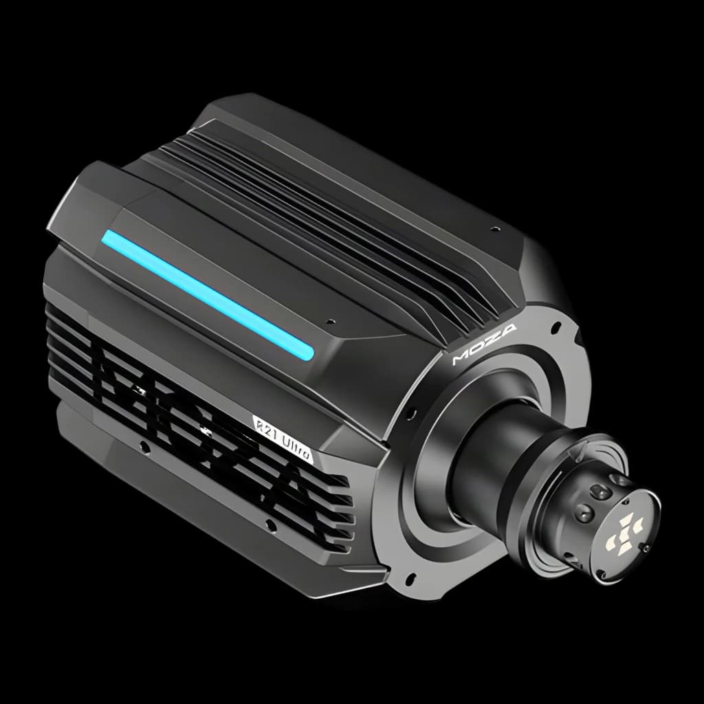 Base de Volante Moza Racing R21 Ultra Direct Drive 21Nm em alumínio preto, corpo com aletas de refrigeração, faixa LED azul e eixo de engate rápido robusto