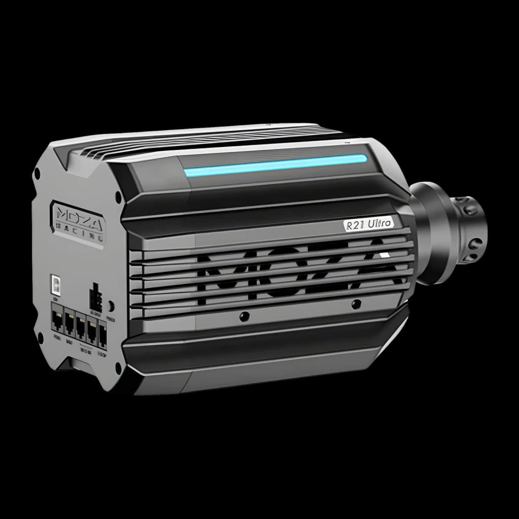 Base de Volante Moza Racing R21 Ultra Direct Drive 21Nm com carcaça metálica preta, aletas de ventilação, barra LED azul, portas traseiras e eixo robusto