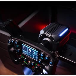 Base de Volante Moza Racing R21 Ultra Direct Drive 21Nm com corpo robusto em alumínio, aletas de refrigeração e LEDs laterais azuis; montagem rígida