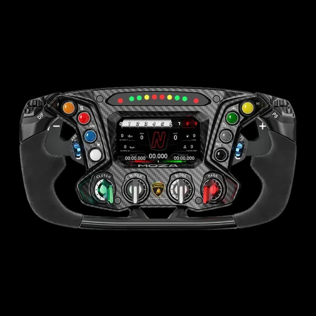 Moza Racing Lamborghini Essenza SCV12 – volante réplica com fibra de carbono, tela LCD central, LEDs de RPM, botões multicoloridos e seletores rotativos