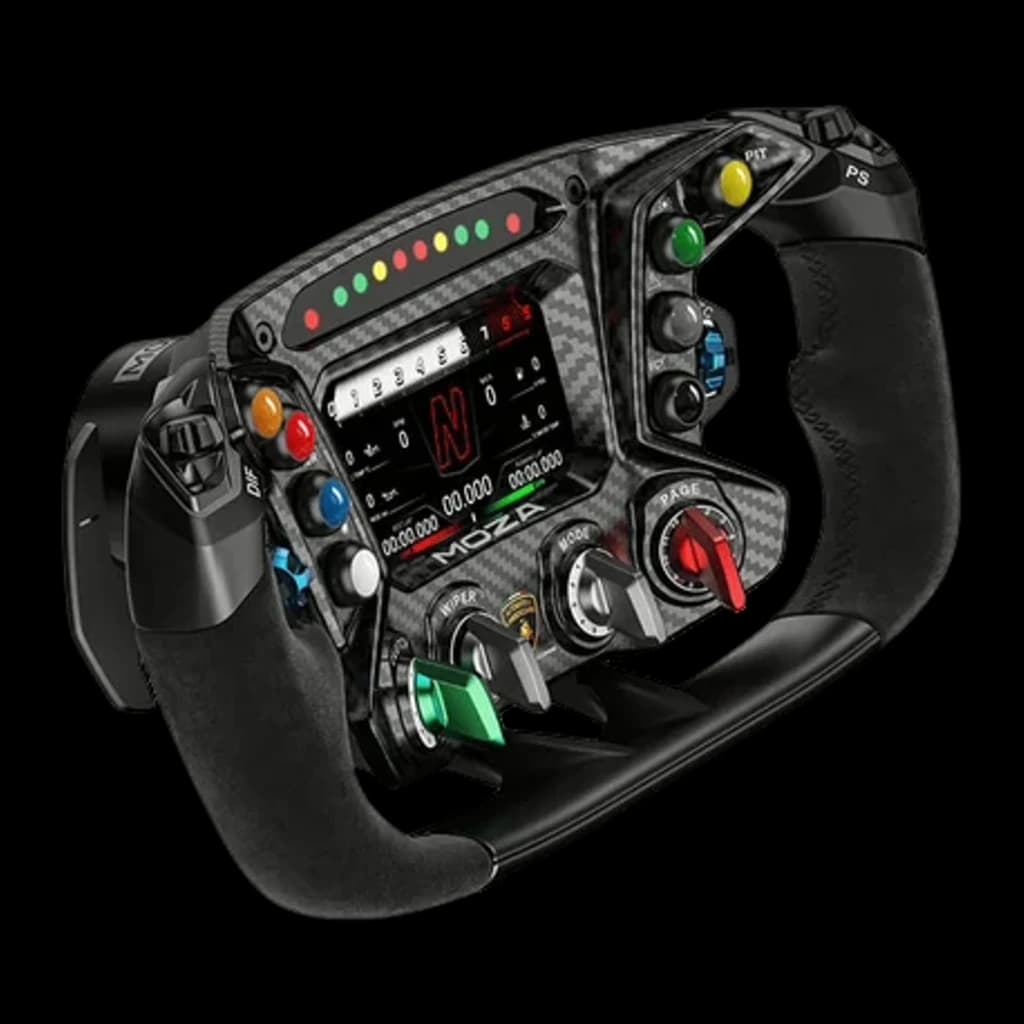 Moza Racing Lamborghini Essenza SCV12 – volante réplica com painel LED, display central, botões multicoloridos, fibra de carbono e empunhaduras em camurça