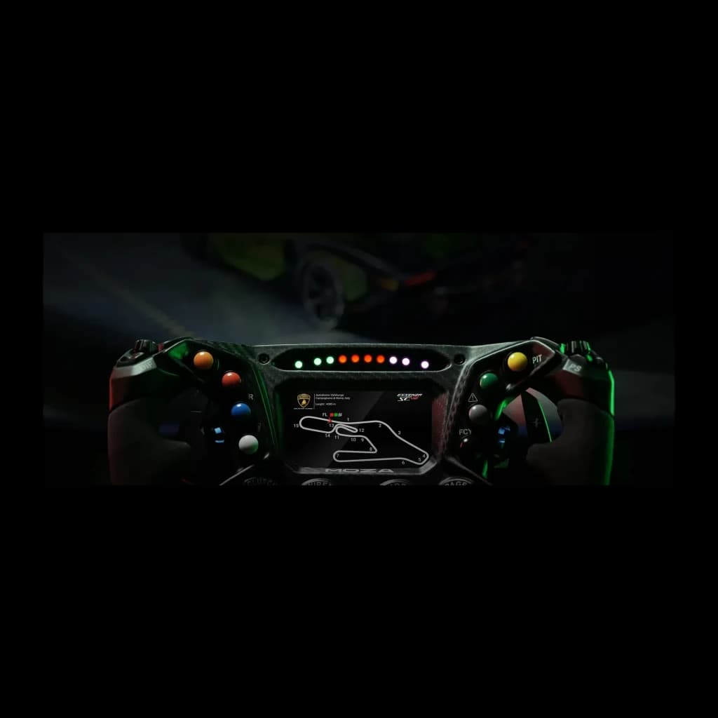 Moza Racing Lamborghini Essenza SCV12 – Volante réplica oficial com display central, LEDs de telemetria, botões multicolor e empunhaduras ergonômicas