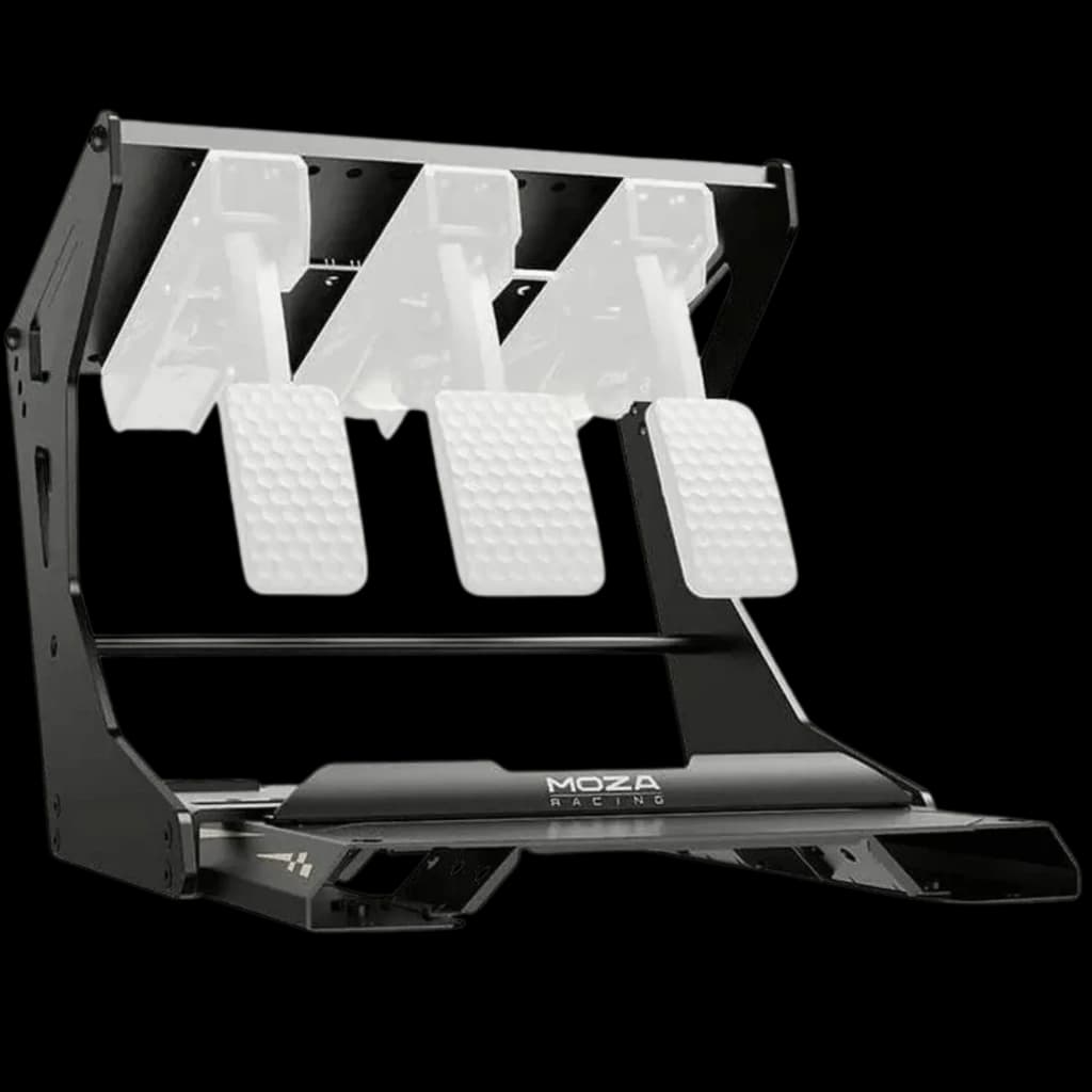 Estrutura de aço para inverter pedais CRP2 MOZA, suporte robusto com acabamento preto, design angular e base estável para montagem precisa e durável