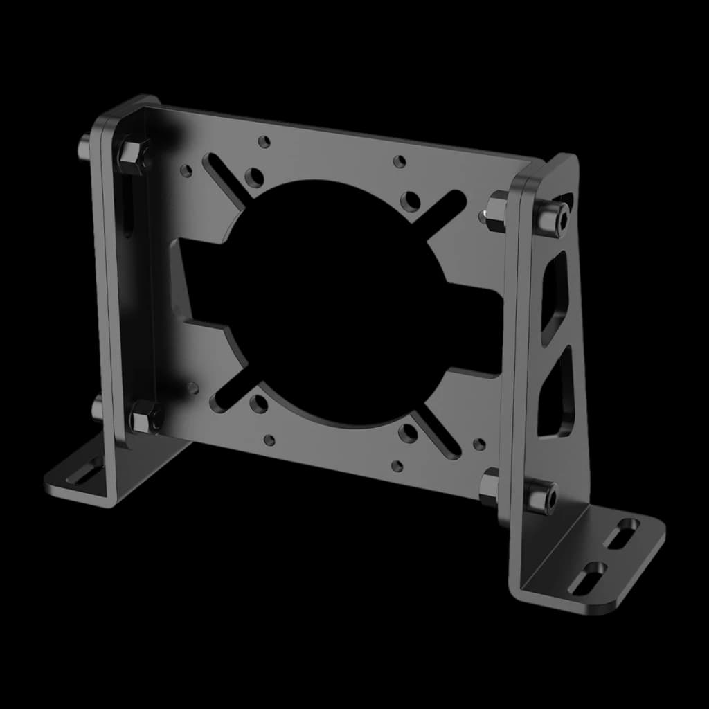 Suporte de montagem Moza Racing RS055 em metal preto, estrutura em L com furações frontais e laterais, placa central circular e parafusos robustos