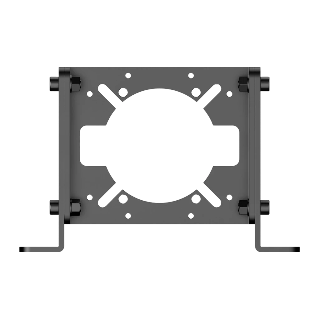 Soporte frontal RS055 de acero negro para bases Moza, placa robusta con múltiples orificios, montaje en rieles de aluminio y refuerzos laterales - Ítem1