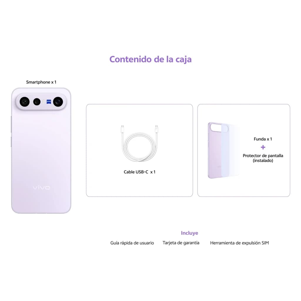 Vivo X300 FE 5G lilás com traseira suave, módulo triplo de câmeras, cabo USB‑C, capa protetora e protetor de tela incluídos