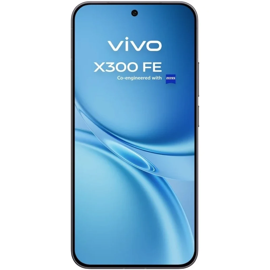 Vivo X300 FE 5G negro con pantalla completa perforada, triple cámara trasera con módulo ZEISS, acabado mate elegante, bordes curvos y logo vivo discreto - Ítem1
