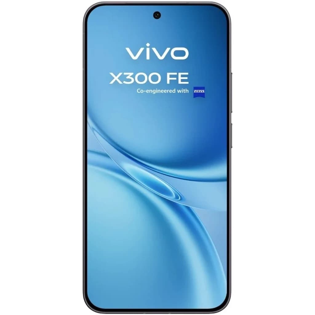 Vivo X300 FE 5G 256 GB Preto, tela ampla com furo central, bordas finas e logo ZEISS na frente; design elegante e simétrico, acabamento preto sofisticado