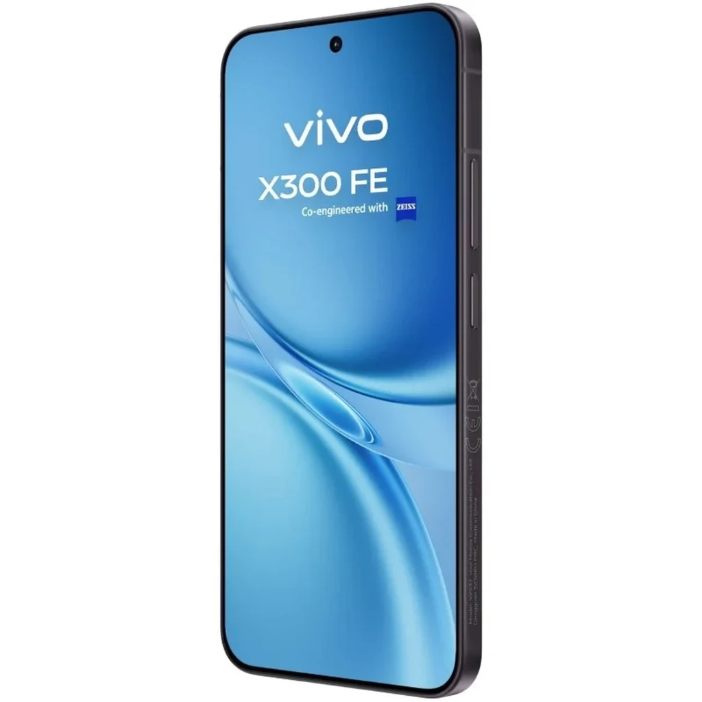 Vivo X300 FE 5G negro con pantalla completa perforada, triple cámara trasera con módulo ZEISS, acabado mate elegante, bordes curvos y logo vivo discreto - Ítem3