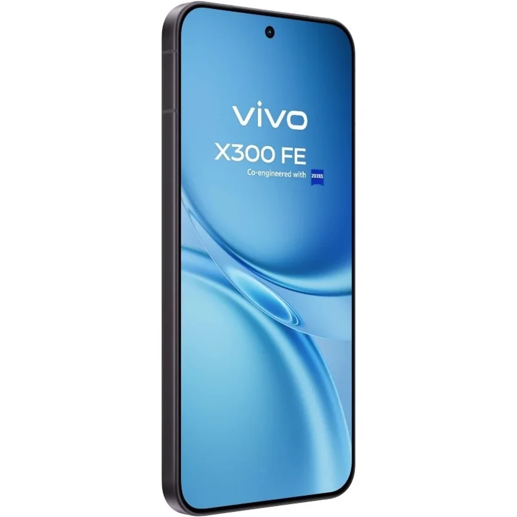 Vivo X300 FE 5G negro con pantalla completa perforada, triple cámara trasera con módulo ZEISS, acabado mate elegante, bordes curvos y logo vivo discreto - Ítem4