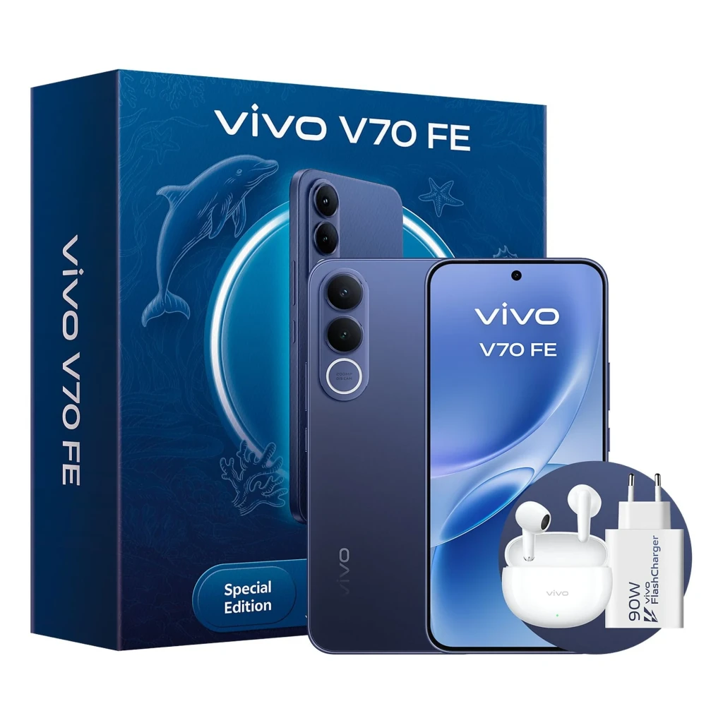 Vivo V70 FE 5G azul con pantalla amplia, doble cámara trasera y frontal perforada; incluye cargador 90W y auriculares inalámbricos en estuche blanco - Ítem9