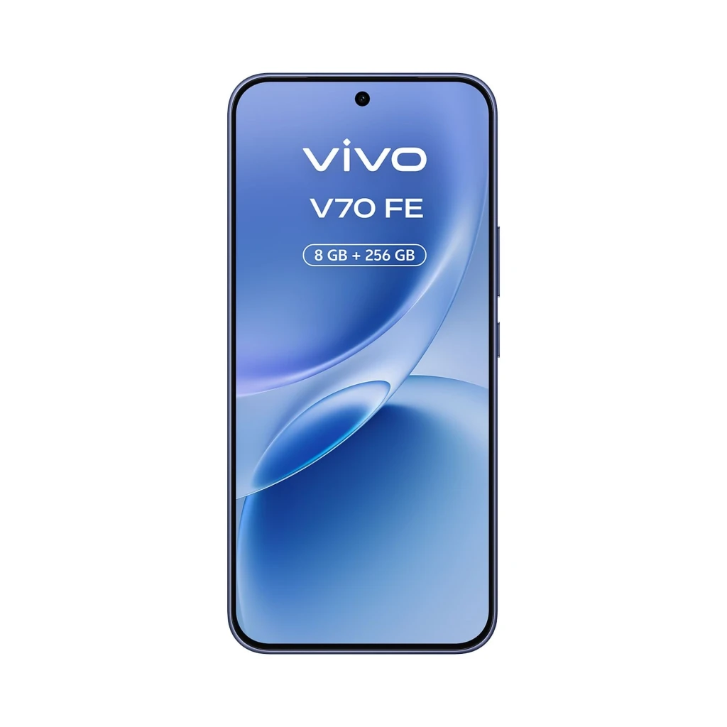 Vivo V70 FE 5G azul con pantalla amplia, doble cámara trasera y frontal perforada; incluye cargador 90W y auriculares inalámbricos en estuche blanco - Ítem2