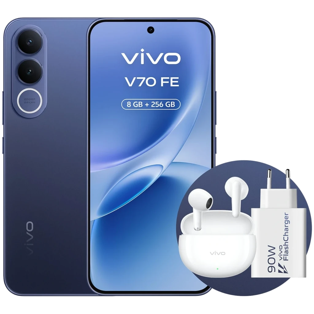 Vivo V70 FE 5G azul con pantalla amplia, doble cámara trasera y frontal perforada; incluye cargador 90W y auriculares inalámbricos en estuche blanco - Ítem