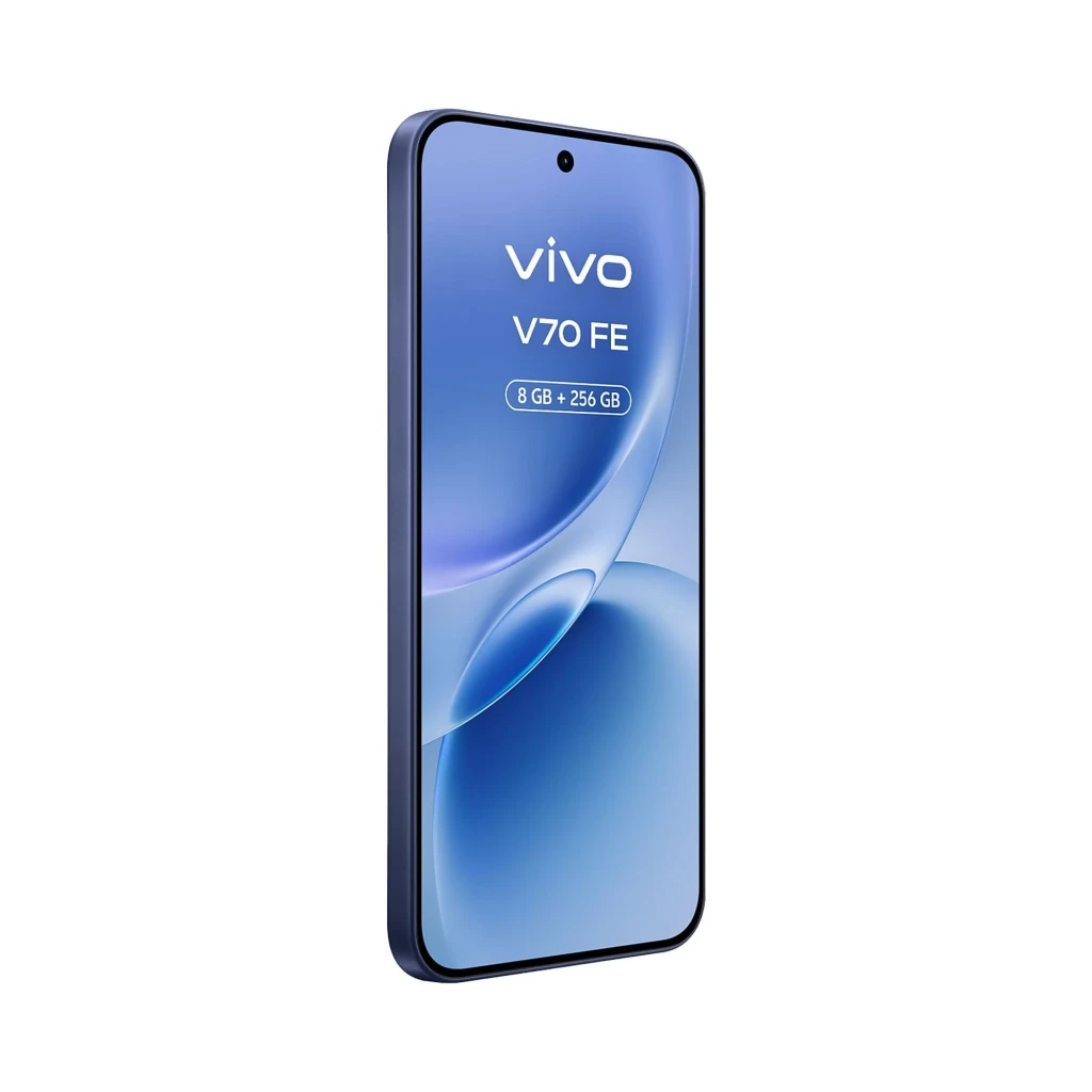 Vivo V70 FE 5G azul con pantalla amplia, doble cámara trasera y frontal perforada; incluye cargador 90W y auriculares inalámbricos en estuche blanco - Ítem5