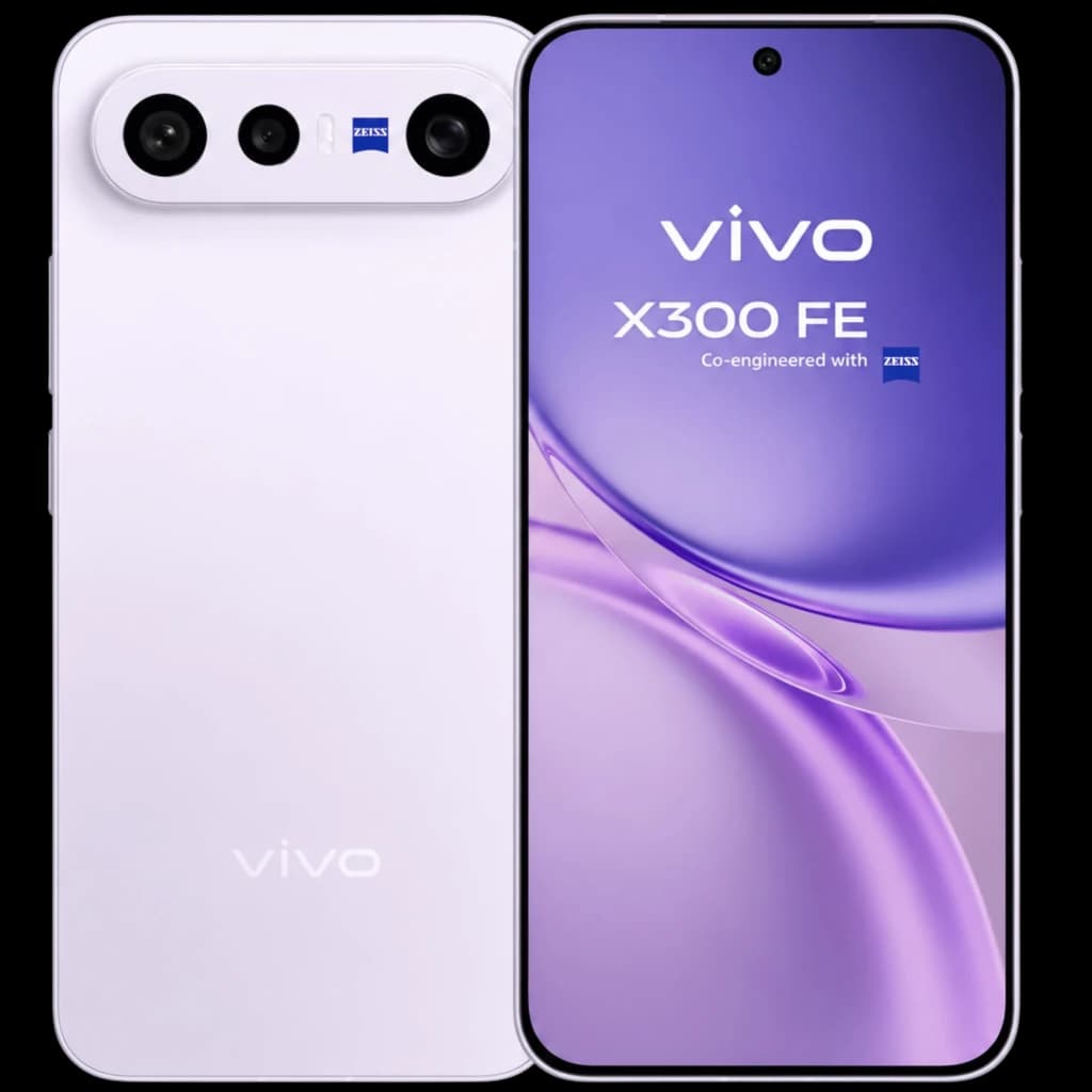 Vivo X300 FE 5G lilás com tela ampla perfurada, módulo triplo de câmeras ZEISS horizontal e acabamento fosco elegante; armazenamento 256 GB, 12 GB RAM