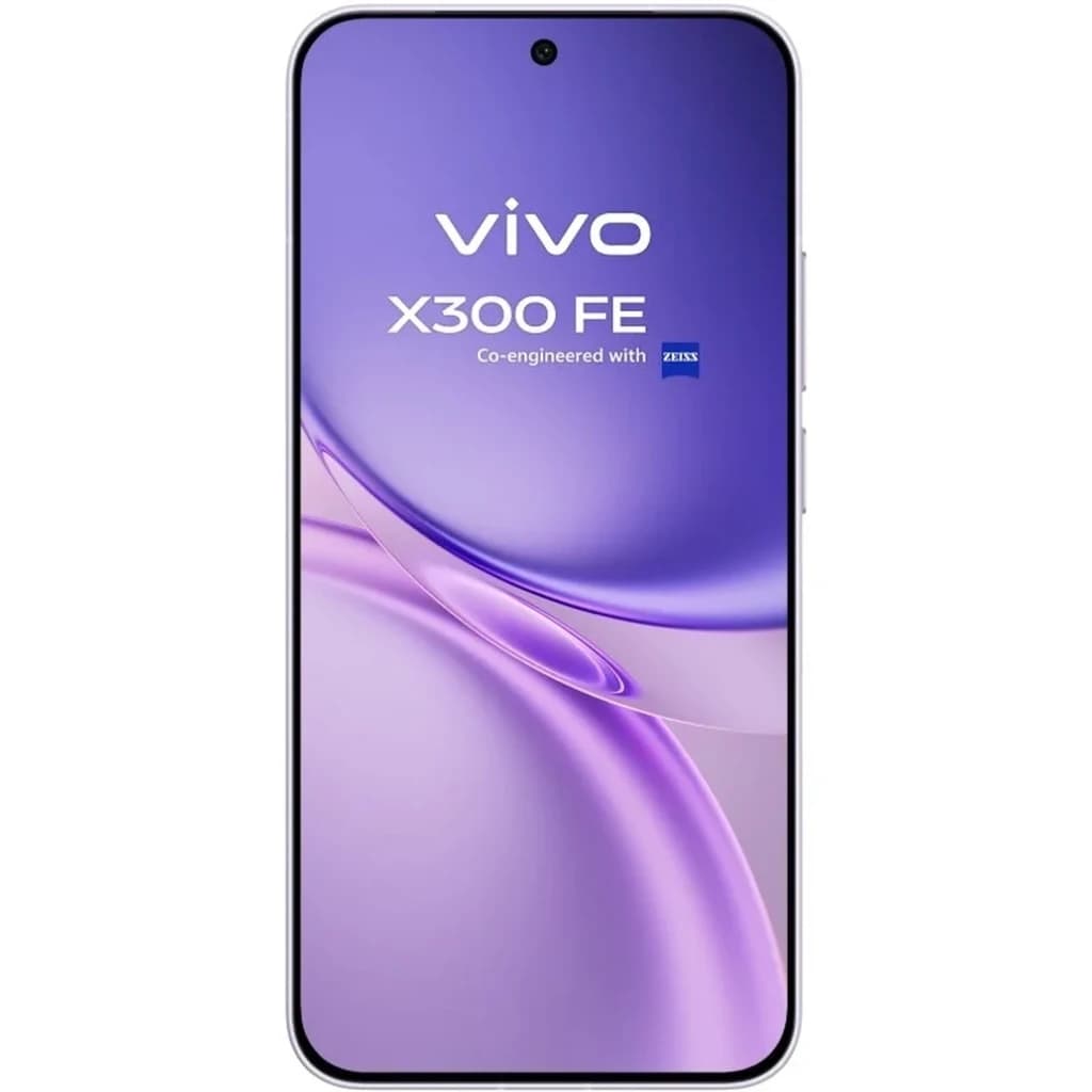 Vivo X300 FE 5G lila com tela cheia de bordas finas, furo central para câmera frontal e vidro curvo brilhante em tom roxo suave, design elegante