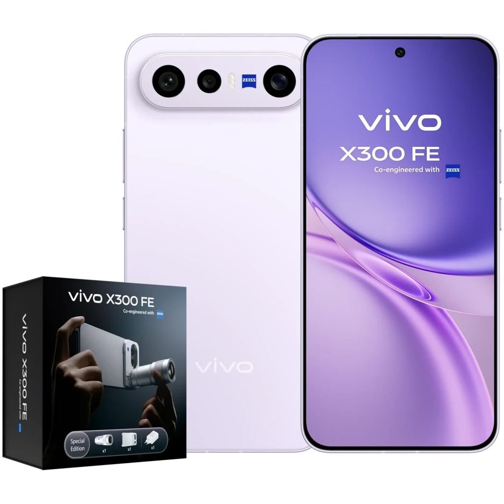 Vivo X300 FE 5G lila avec écran bord à bord, triple module photo ZEISS horizontal, boîtier en violet pâle, boîte incluse avec chargeur 90 W et kit photo - Ítem