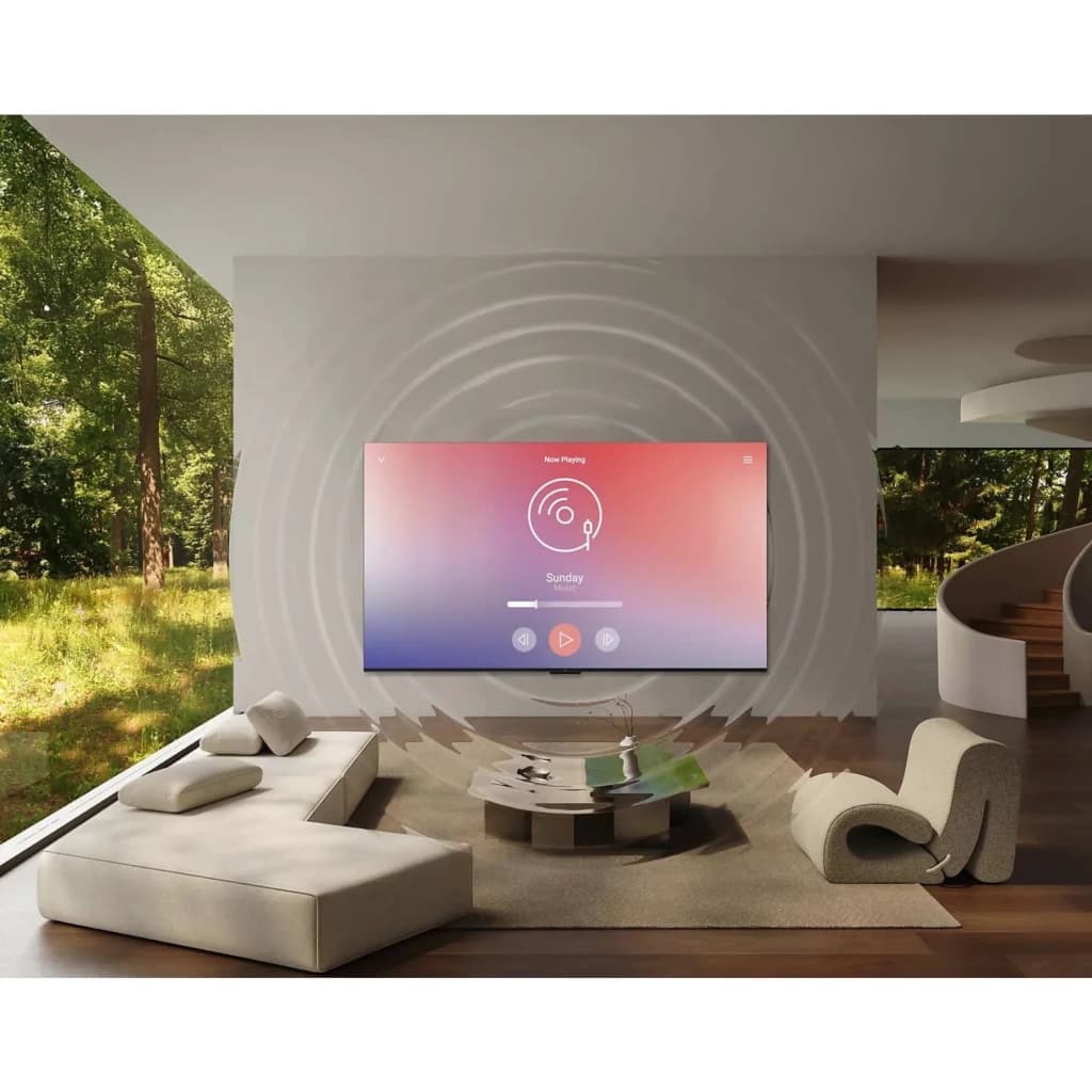 TCL 85C8L Smart TV QD-Mini LED 85 4K AiPQ Pro Preto, tela gigante sem bordas aparentes, imagem vibrante e som imersivo em sala moderna iluminada