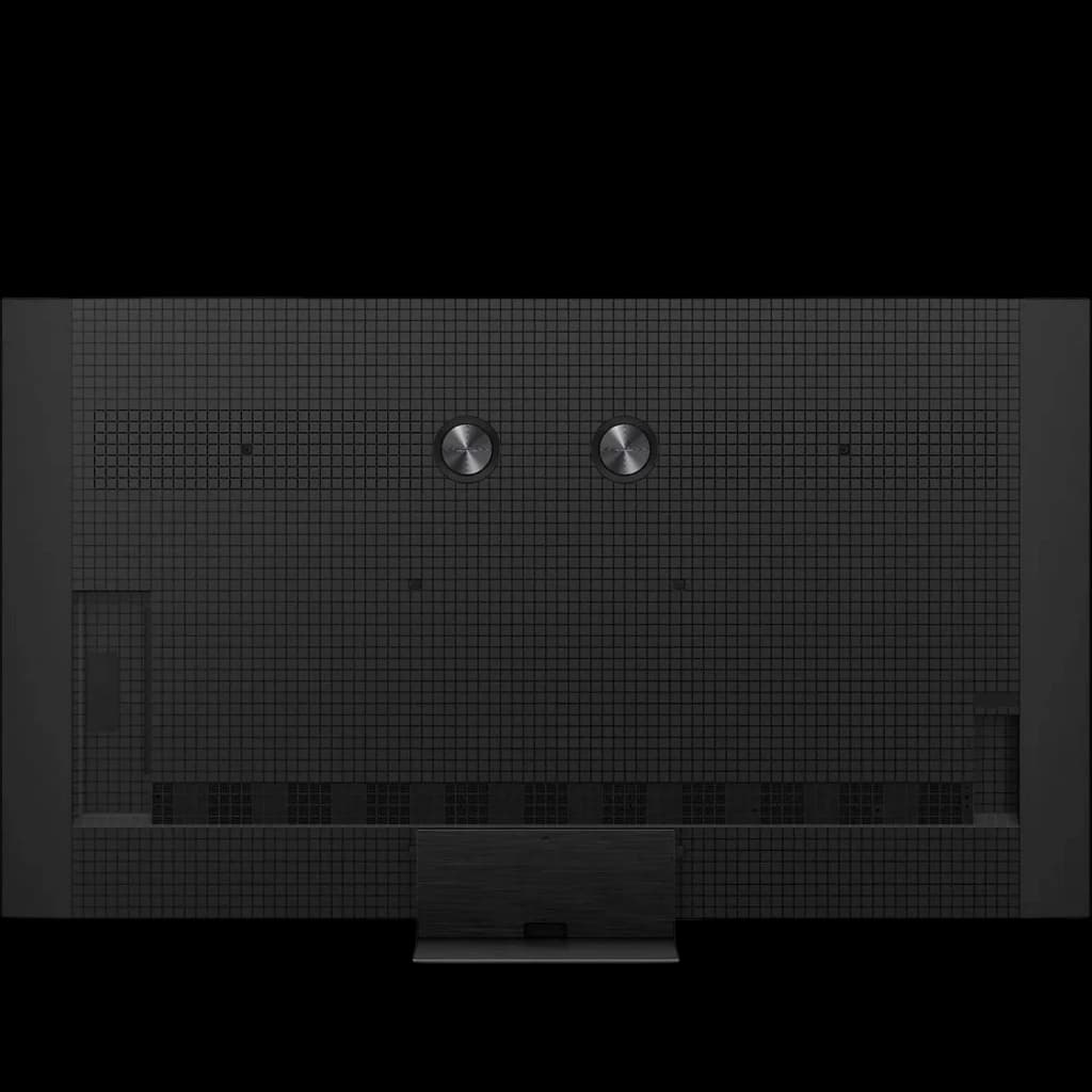 TCL 85C8L Smart TV QD-Mini LED 85 4K AiPQ Pro preto vista traseira, painel texturizado com grelha, duas saídas circulares e base central robusta
