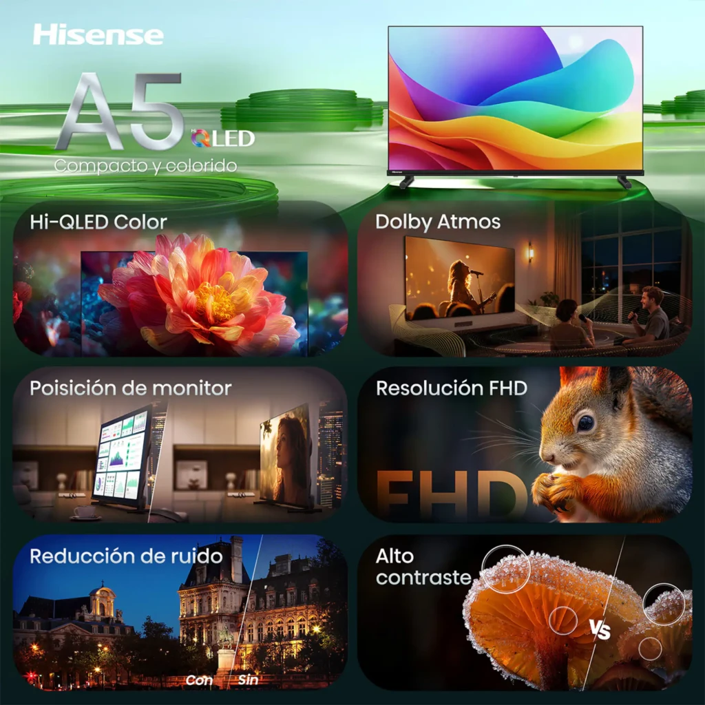 Hisense 32A5S Smart TV QLED 32 FHD preta com bordas finas, pés duplos, tela vibrante, logos FIFA 2026, Dolby Atmos e ícones de recursos na frontal - Item2