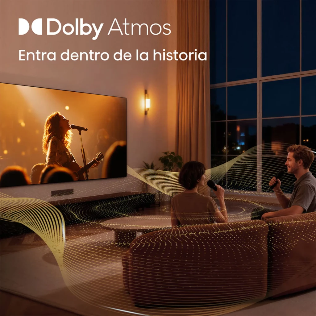 Hisense 32A5S Smart TV QLED 32 FHD preta com bordas finas, pés duplos, tela vibrante, logos FIFA 2026, Dolby Atmos e ícones de recursos na frontal - Item6