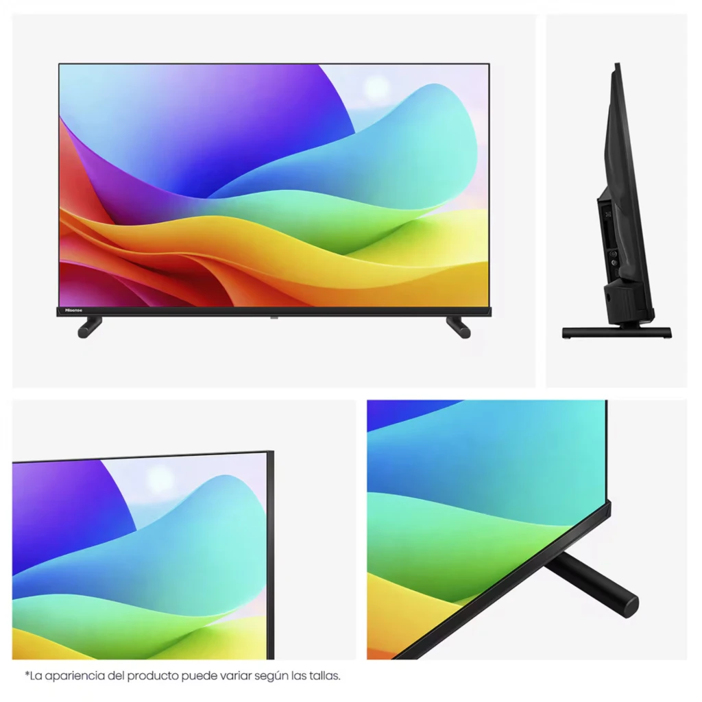 Hisense 32A5S Smart TV QLED 32 FHD preta com bordas finas, pés duplos, tela vibrante, logos FIFA 2026, Dolby Atmos e ícones de recursos na frontal - Item11