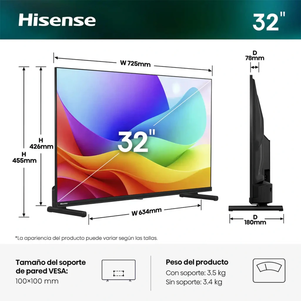 Hisense 32A5S Smart TV QLED 32 FHD preta com bordas finas, pés duplos, tela vibrante, logos FIFA 2026, Dolby Atmos e ícones de recursos na frontal - Item12