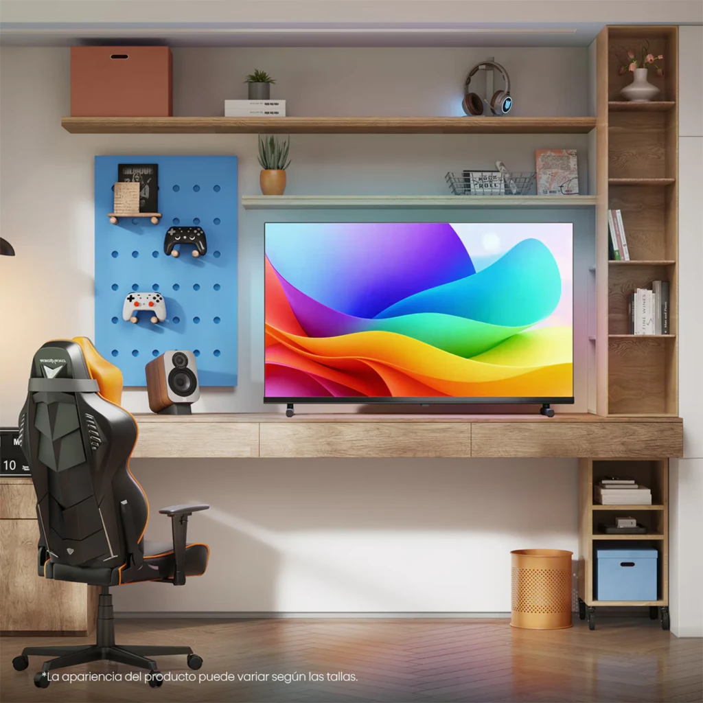 Hisense 32A5S Smart TV QLED 32 FHD preta com bordas finas, pés duplos, tela vibrante, logos FIFA 2026, Dolby Atmos e ícones de recursos na frontal - Item1