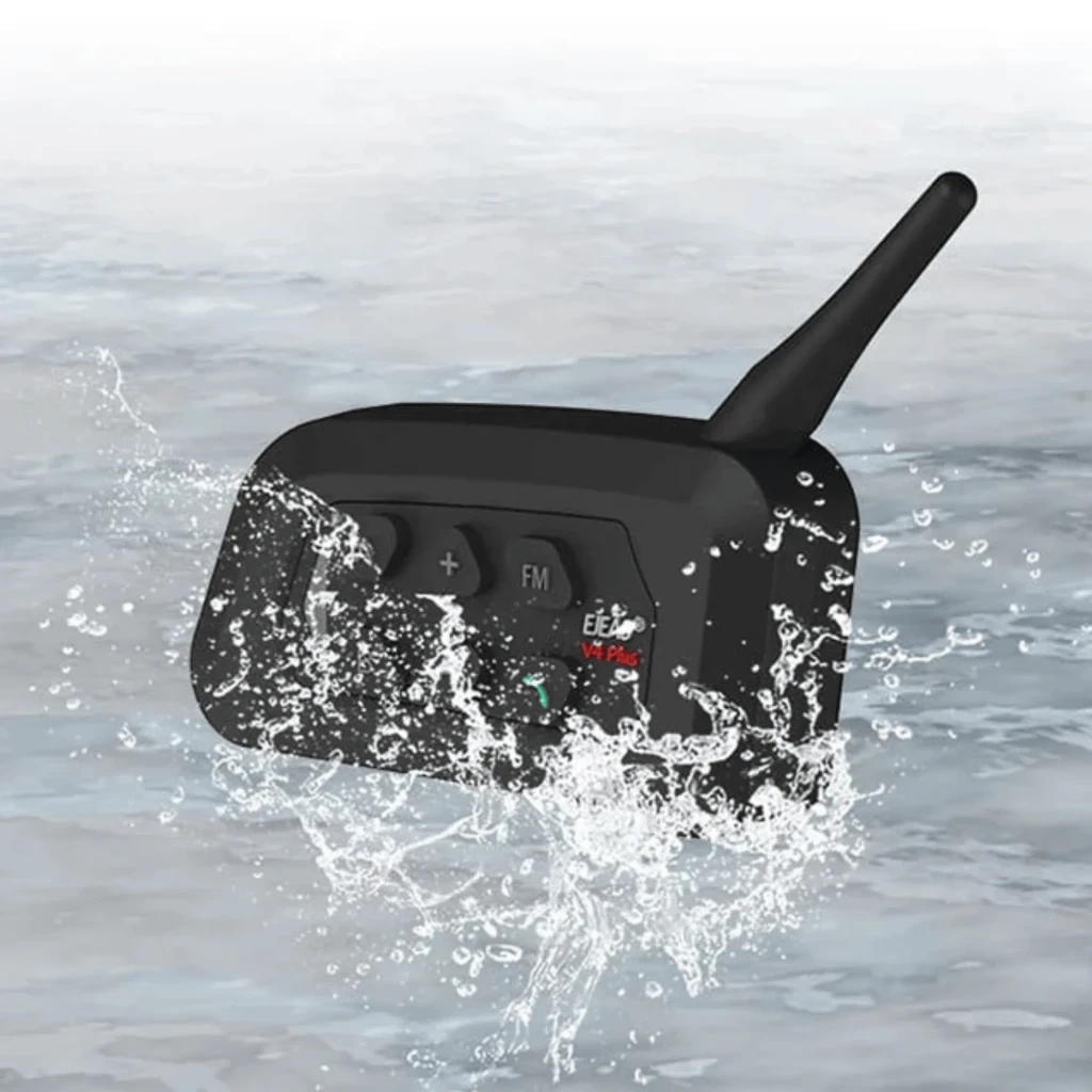 Intercomunicador moto EJEAS V4 Plus negro con antena, botones grandes A/B, volumen +/-, FM y llamada, diseño compacto para casco, Bluetooth 5.1, alcance 1500 m - Ítem3