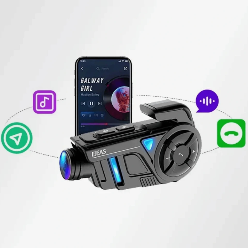 EJEAS K1Pro en negro con cámara 2K frontal, rueda de control lateral, botón +, luz LED azul y clip superior; diseño robusto para casco de moto - Ítem4