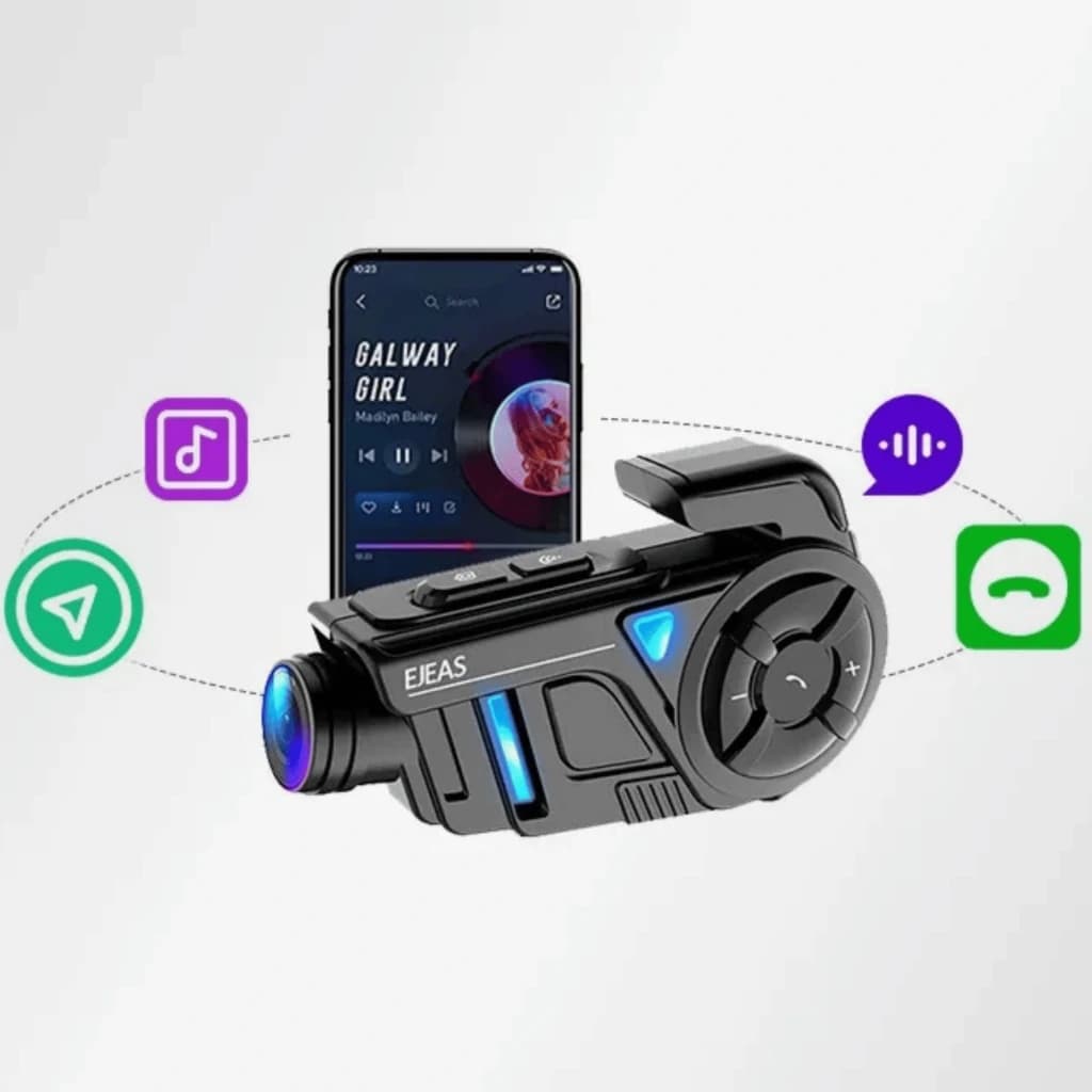 EJEAS K1Pro interphone Mesh 3.0 avec caméra 2K, boîtier noir anguleux, voyants LED bleus, grand bouton rotatif, objectif latéral et applis connectées