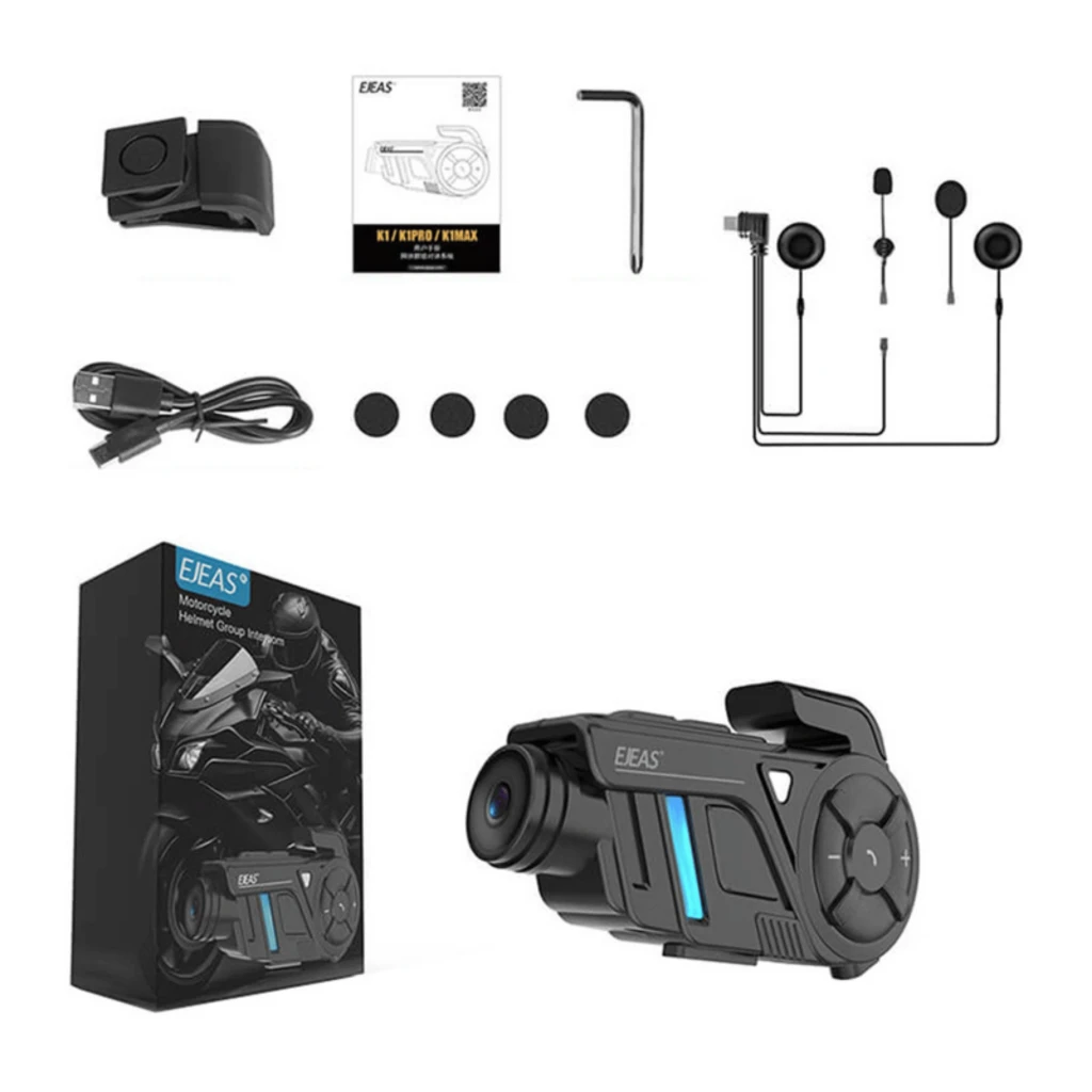 EJEAS K1Pro en negro con cámara 2K frontal, rueda de control lateral, botón +, luz LED azul y clip superior; diseño robusto para casco de moto - Ítem6