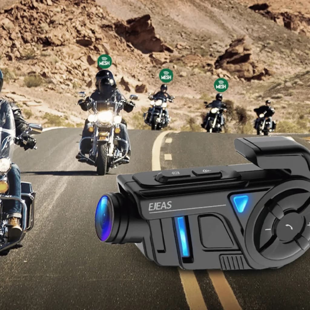 EJEAS K1Pro interphone Mesh 3.0 avec caméra 2K, boîtier noir compact, voyants LED bleus, objectif grand angle; idéal pour motards en groupe sur route