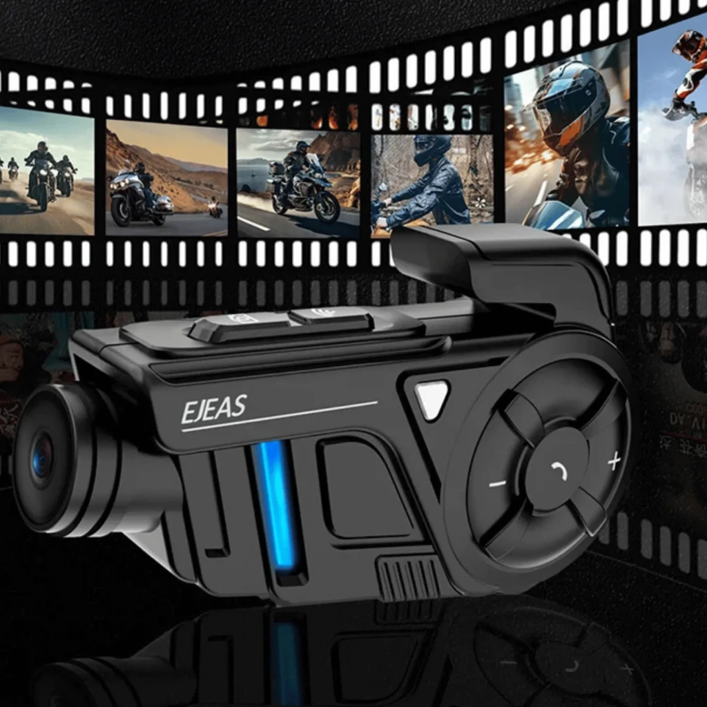 EJEAS K1Pro en negro con cámara 2K frontal, rueda de control lateral, botón +, luz LED azul y clip superior; diseño robusto para casco de moto - Ítem3