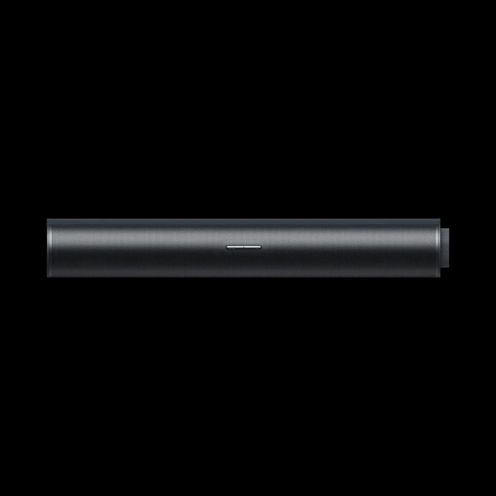 Barra de sonido negra minimalista con rejilla metálica frontal y luz LED central, diseño elegante y delgado para escritorio o sala de entretenimiento
