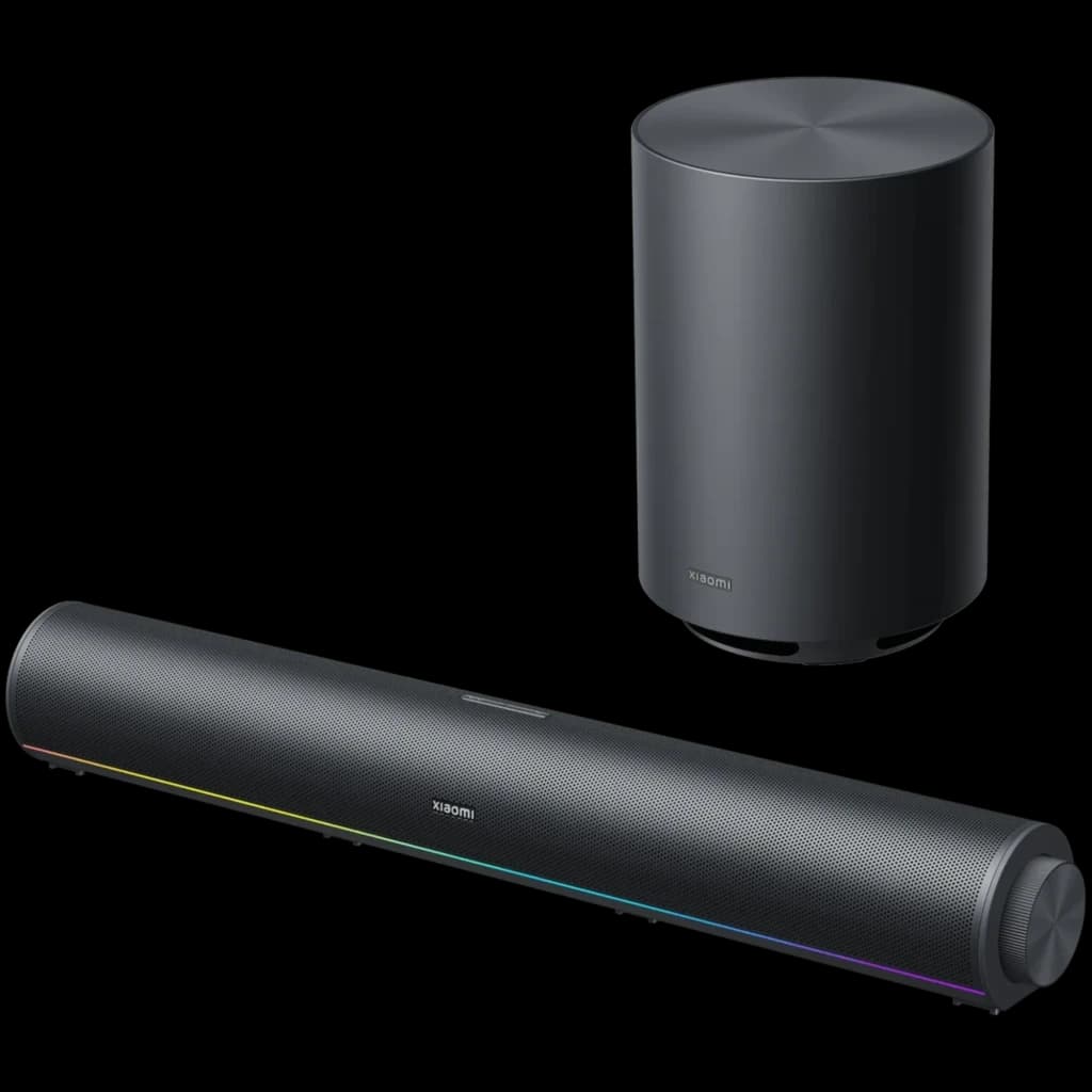 Altavoces Xiaomi Desktop Speaker Pro Set 2.1 con barra de sonido cilíndrica negra y subwoofer inalámbrico negro, rejilla metálica y luz LED RGB frontal