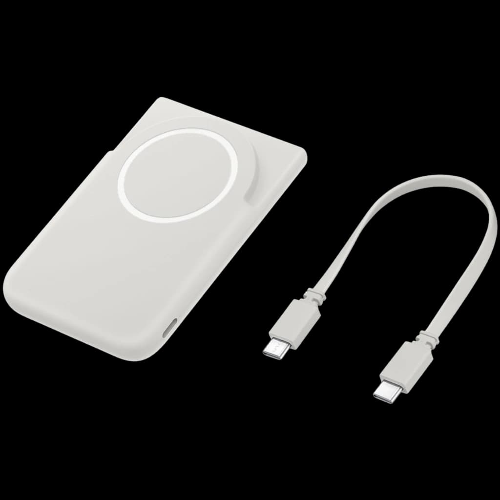 Power bank magnético gris compacto con anillo de alineación, acabado mate y puerto USB-C; incluye cable USB-C a USB-C corto; diseño minimalista portátil
