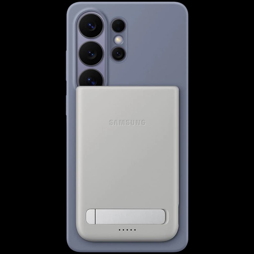 Power bank magnético gris compacto con base metálica y LED de carga, adherido a la trasera de un smartphone; diseño minimalista USB-C 5000 mAh 25 W