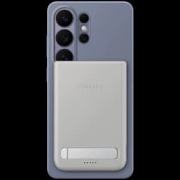 Power bank magnético gris compacto con base metálica y LED de carga, adherido a la trasera de un smartphone; diseño minimalista USB-C 5000 mAh 25 W