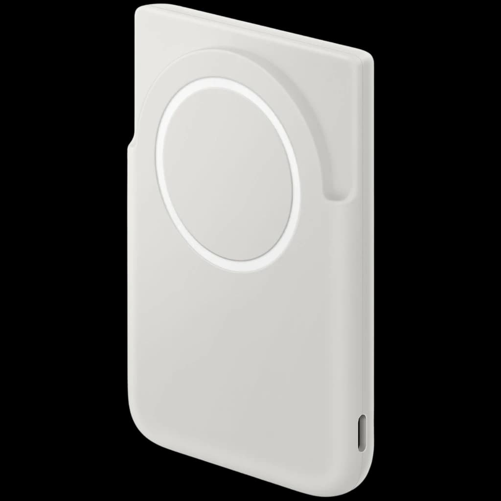 Batería portátil magnética gris con acabado liso, anillo circular de alineación y puerto USB C lateral; diseño delgado y compacto de 5000 mAh y 25 W