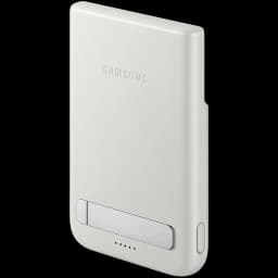 Batería externa gris compacta con acabado mate, logo Samsung grabado, botón lateral, indicador LED y base magnética alineada para carga USB-C 25 W 5000 mAh