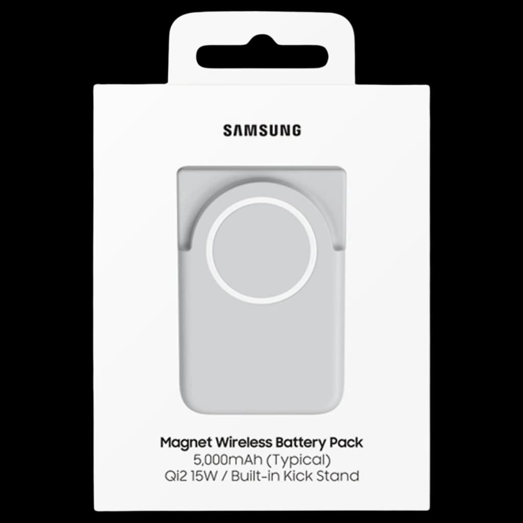 Batería magnética Samsung gris con aro de alineación, 5000 mAh, soporte plegable integrado y carga inalámbrica Qi2 15 W; compacta y USB-C