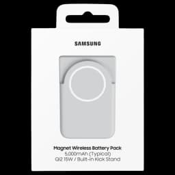 Batería magnética Samsung gris con aro de alineación, 5000 mAh, soporte plegable integrado y carga inalámbrica Qi2 15 W; compacta y USB-C