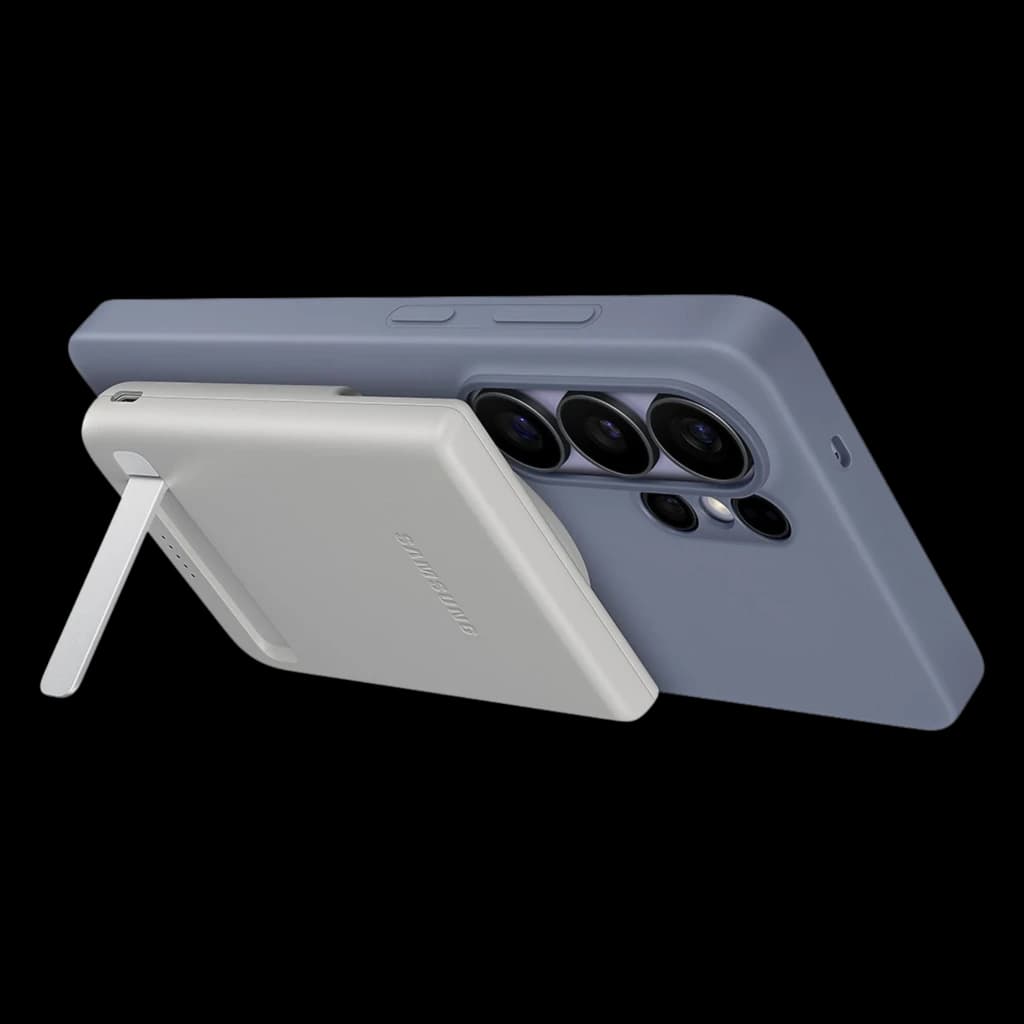 Power bank magnético gris con soporte plegable, acoplado a smartphone. Cuerpo compacto, acabado mate, puerto USB-C y carga rápida 25 W, 5000 mAh.