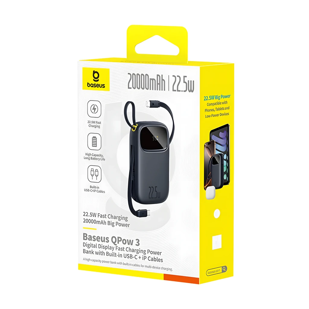 Power Bank Baseus EnerFill FC31 negro 20000mAh 22.5W con pantalla LED, cables integrados USB-C y Lightning, acabado mate y diseño compacto portátil - Ítem4