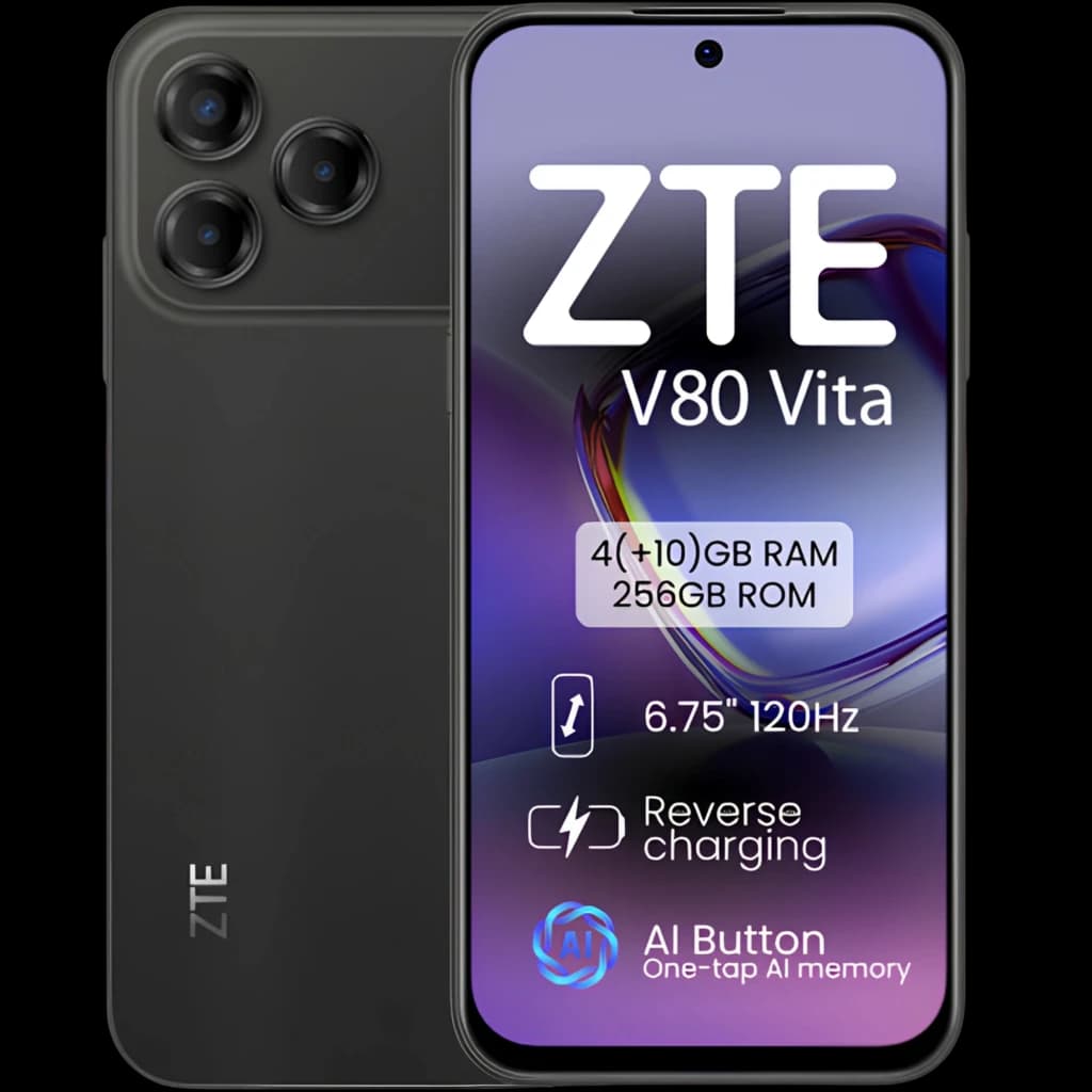 ZTE Blade V80 Vita negro con pantalla 6.75 120 Hz, marcos delgados y cámara triple trasera; muestra 4+10 GB RAM, 256 GB, batería 5000 mAh y carga inversa