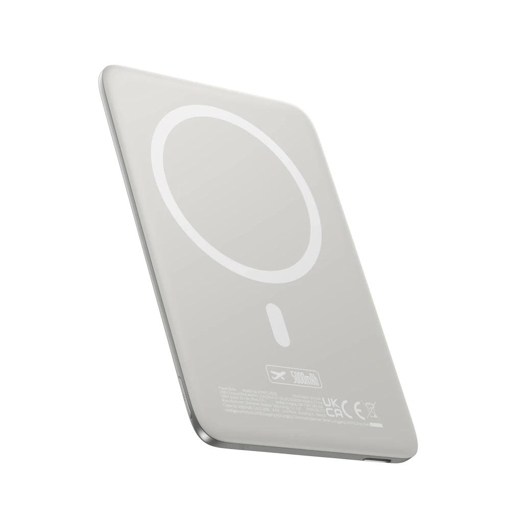 Power Bank Baseus PicoGo AM41 gris, boîtier fin alu, anneau MagSafe blanc, indicateurs LED, port USB-C, bords arrondis, design minimaliste compact - Ítem4